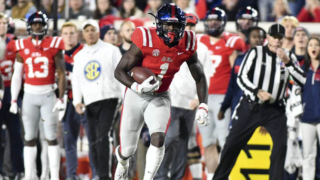 Nov 22, 2018; Oxford, MS, USA; Mississippi Rebels wide receiver A.J. Brown (1) runs the ball against the Mississippi State Bulldogs during the second quarter at Vaught-Hemingway Stadium. Photo Credit: Matt Bush-USA TODAY Sports
