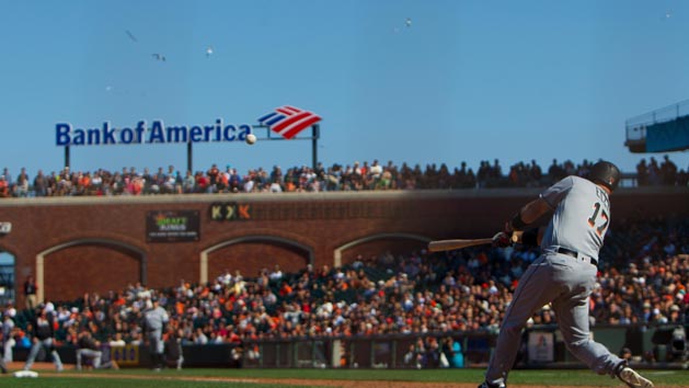 Jul 9, 2017; San Francisco, CA, USA; Miami Marlins pinch hitter A.J. Ellis (17) hits a home run in the eleventh inning against the San Francisco Giants at AT&T Park. Photo Credit: Andrew Villa-USA TODAY Sports