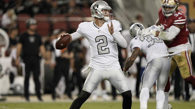 Nov 1, 2018; Santa Clara, CA, USA; Oakland Raiders quarterback AJ McCarron (2) prepares to throw the ball against the San Francisco 49ers during the fourth quarter at Levi's Stadium. Photo Credit: Stan Szeto-USA TODAY Sports