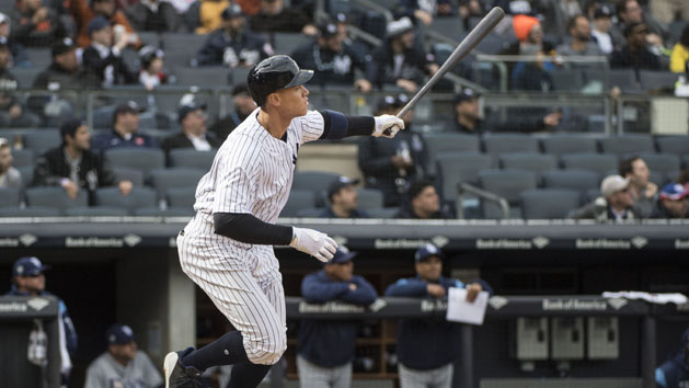 Apr 4, 2018; Bronx, NY, USA; New York Yankees right fielder Aaron Judge (99) hits a 2 run home run against the Tampa Bay Rays during the fourth inning at Yankee Stadium. Photo Credit: Gregory J. Fisher-USA TODAY Sports