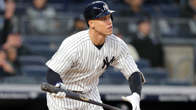 Apr 16, 2018; Bronx, NY, USA; New York Yankees right fielder Aaron Judge (99) watches his solo home run against the Miami Marlins during the second inning at Yankee Stadium. Photo Credit: Brad Penner-USA TODAY Sports