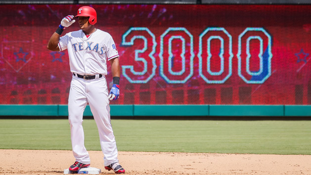 Jul 30, 2017; Arlington, TX, USA; Texas Rangers third baseman Adrian Beltre (29) stands on second base after hitting a double for his 3,000th major league hit in the 4th inning against the Baltimore Orioles at Globe Life Park in Arlington. Photo Credit: Ray Carlin-USA TODAY Sports
