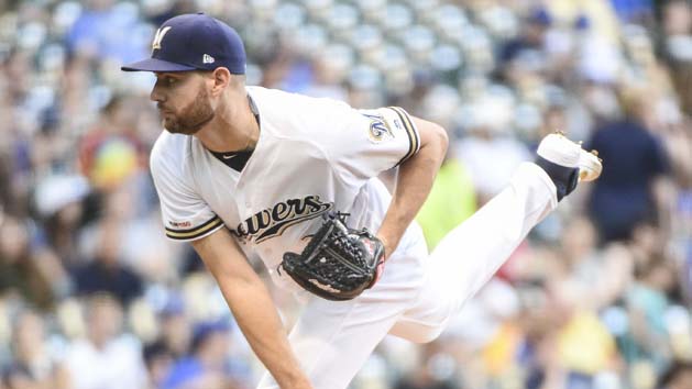 Jun 26, 2019; Milwaukee, WI, USA; Milwaukee Brewers pitcher Adrian Houser (37) throws a pitch in the first inning against the Seattle Mariners at Miller Park. Photo Credit: Benny Sieu-USA TODAY Sports