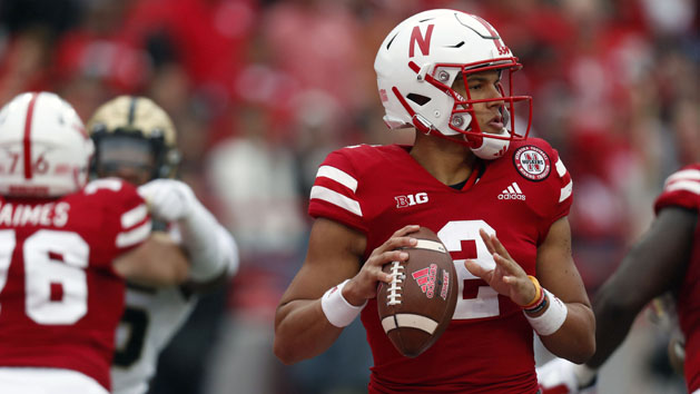 Sep 29, 2018; Lincoln, NE, USA; Nebraska Cornhuskers quarterback Adrian Martinez (2) looks to throw against the Purdue Boilermakers in the first half at Memorial Stadium. Photo Credit: Bruce Thorson-USA TODAY Sports