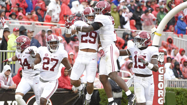 Oct 3, 2015; Athens, GA, USA; Alabama Crimson Tide defensive back Minkah Fitzpatrick (29) celebrates a blocked punt returned for a touchdown during the second quarter against the Georgia Bulldogs at Sanford Stadium. Mandatory Credit: John David Mercer-USA TODAY Sports