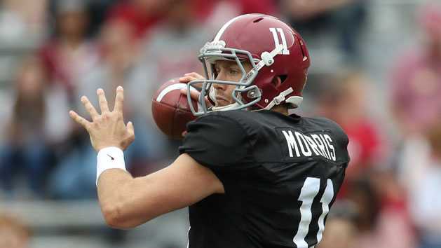 Alec Morris (11) drops back to pass during the annual A-day game at Bryant Denny Stadium. (Marvin Gentry-USA TODAY Sports)