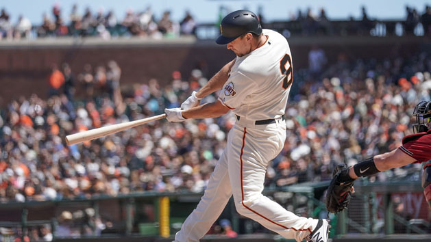Jun 30, 2019; San Francisco, CA, USA; San Francisco Giants left fielder Alex Dickerson (8) hits a single against the Arizona Diamondbacks during the seventh inning at Oracle Park. Photo Credit: Stan Szeto-USA TODAY Sports