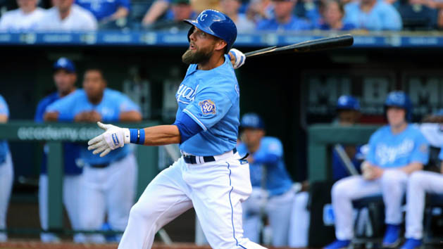 May 5, 2018; Kansas City, MO, USA; Kansas City Royals left fielder Alex Gordon (4) drives in a run on an error by Detroit Tigers center fielder Leonys Martin (not pitctured) in the ninth inning at Kauffman Stadium. Photo Credit: Jay Biggerstaff-USA TODAY Sports