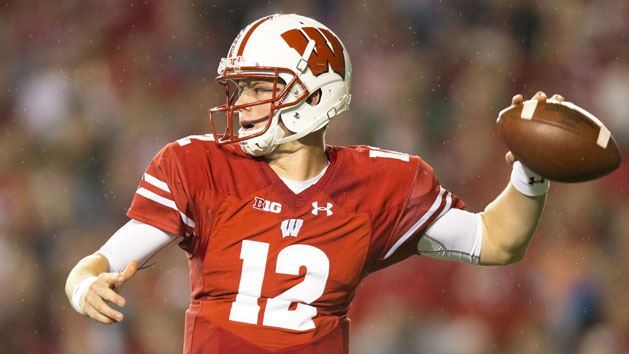 Oct 15, 2016; Madison, WI, USA; Wisconsin Badgers quarterback Alex Hornibrook (12) throws a pass during the first quarter against the Ohio State Buckeyes at Camp Randall Stadium. Photo Credit: Jeff Hanisch-USA TODAY Sports