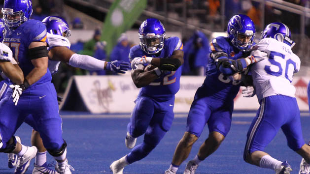 Nov 18, 2017; Boise, ID, USA; Boise State Broncos running back Alexander Mattison (22) runs for a gain during first half action against the Air Force Falcons at Albertsons Stadium. Photo Credit: Brian Losness-USA
