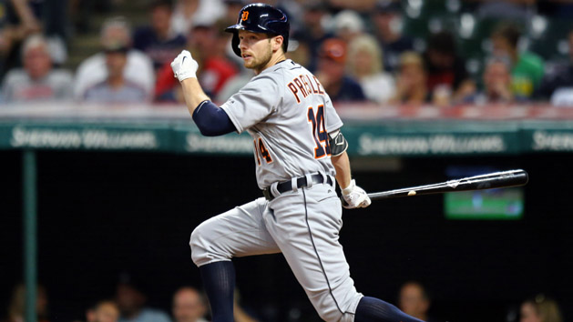 Jul 9, 2017; Cleveland, OH, USA; Detroit Tigers center fielder Alex Presley (14) hits a two RBI double against the Cleveland Indians in the sixth inning at Progressive Field. Photo Credit: Aaron Doster-USA TODAY Sports