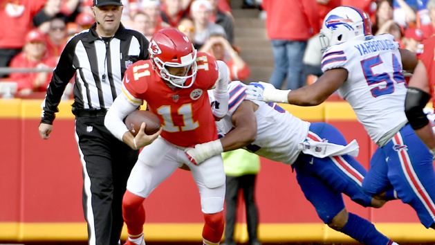 Nov 26, 2017; Kansas City, MO, USA; Kansas City Chiefs quarterback Alex Smith (11) is sacked by Buffalo Bills defensive end Eddie Yarbrough (54) and outside linebacker Lorenzo Alexander (57) during the second half at Arrowhead Stadium. Photo Credit: Denny Medley-USA TODAY Sports