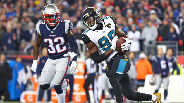 Jan 21, 2018; Foxborough, MA, USA; Jacksonville Jaguars wide receiver Allen Hurns (88) catches a pass against New England Patriots free safety Devin McCourty (32) during the fourth quarter in the AFC Championship Game at Gillette Stadium. Photo Credit: Mark J. Rebilas-USA TODAY Sports