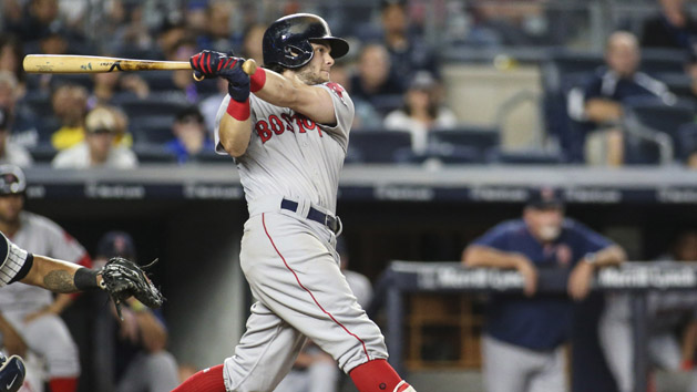 Aug 13, 2017; Bronx, NY, USA; Boston Red Sox left fielder Andrew Benintendi (16) hits an RBI single in the tenth inning against the New York Yankees at Yankee Stadium. Photo Credit: Wendell Cruz-USA TODAY Sports