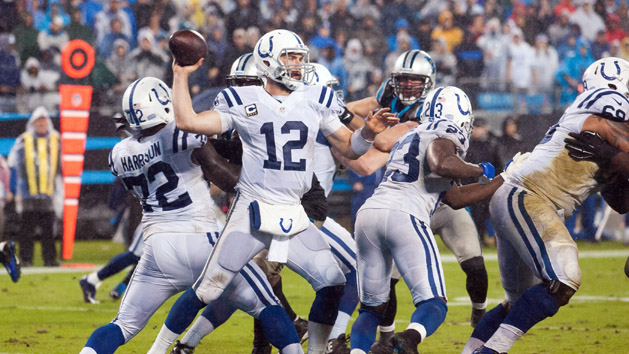 Nov 2, 2015; Charlotte, NC, USA; Indianapolis Colts quarterback Andrew Luck (12) passes the ball during the third quarter against the Carolina Panthers at Bank of America Stadium. Carolina defeated Indianapolis 29-26 in overtime. Mandatory Credit: Jeremy Brevard-USA TODAY Sports