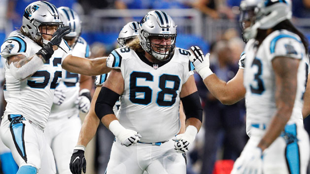 Oct 8, 2017; Detroit, MI, USA; Carolina Panthers offensive guard Andrew Norwell (68) smiles before the game against the Detroit Lions at Ford Field. Photo Credit: Raj Mehta-USA TODAY Sports