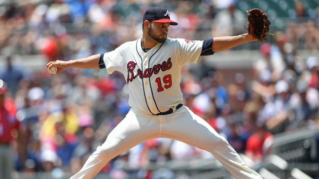 Jun 3, 2018; Atlanta, GA, USA; Atlanta Braves starting pitcher Anibal Sanchez (19) pitches against the Washington Nationals during the first inning at SunTrust Park. Photo Credit: Dale Zanine-USA TODAY Sports