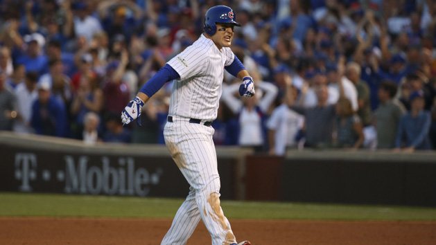 Oct 9, 2017; Chicago, IL, USA; Chicago Cubs first baseman Anthony Rizzo (44) celebrates after his RBI-single against the Washington Nationals during the eighth inning in game three of the 2017 NLDS playoff baseball series at Wrigley Field. Photo Credit: Jerry Lai-USA TODAY Sports
