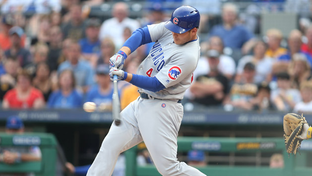 May 29, 2018; Pittsburgh, PA, USA; Chicago Cubs first baseman Anthony Rizzo (44) singles against the Pittsburgh Pirates during the first inning at PNC Park. Photo Credit: Charles LeClaire-USA TODAY Sports