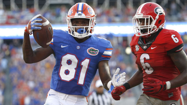 Oct 29, 2016; Jacksonville, FL, USA; Florida Gators wide receiver Antonio Callaway (81) runs the ball in for a touchdown against the Georgia Bulldogs during the second half at EverBank Field. Florida Gators defeated the Georgia Bulldogs 24-10. Photo Credit: Kim Klement-USA TODAY Sports