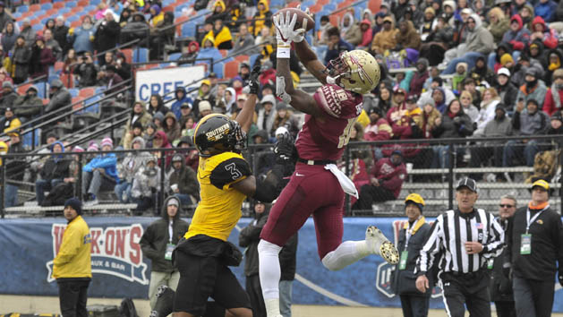 Dec 27, 2017; Shreveport, LA, USA; Florida State Seminoles wide receiver Auden Tate (18) catches a touchdown pass against Southern Miss Golden Eagles defensive back Cornell Armstrong (3) during the second half in the 2017 Independence Bowl at Independence Stadium. Photo Credit: Justin Ford-USA TODAY Sports