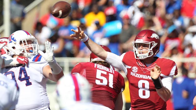 Sep 3, 2016; Fayetteville, AR, USA; Arkansas Razorbacks quarterback Austin Allen (8) passes in the first half against the Louisiana Tech Bulldogs at Donald W. Reynolds Razorback Stadium. Photo Credit: Nelson Chenault-USA TODAY Sports