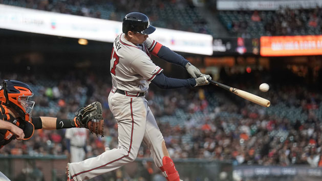 May 20, 2019; San Francisco, CA, USA; Atlanta Braves third baseman Austin Riley (27) hits a home run against the San Francisco Giants during the sixth inning at Oracle Park. Photo Credit: Stan Szeto-USA TODAY Sports