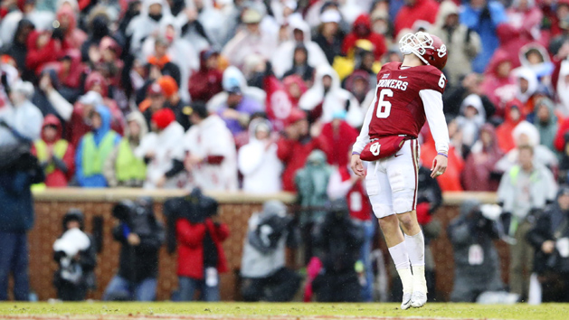 Dec 3, 2016; Norman, OK, USA; Oklahoma Sooners quarterback Baker Mayfield (6) reacts after throwing a touchdown pass during the second half against the Oklahoma State Cowboys at Gaylord Family - Oklahoma Memorial Stadium. Mandatory Credit: Kevin Jairaj-USA TODAY Sports