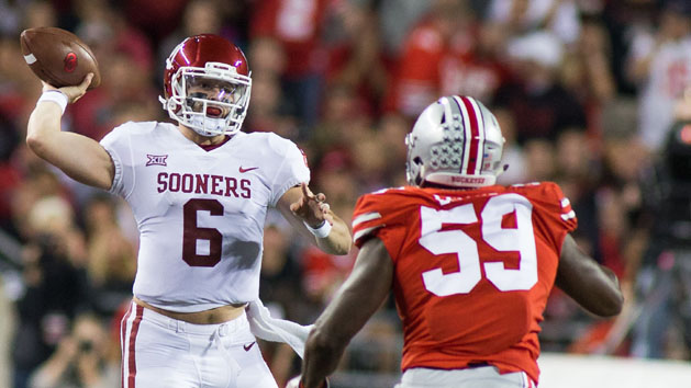 Sep 9, 2017; Columbus, OH, USA; Oklahoma Sooners quarterback Baker Mayfield (6) passes the ball while Ohio State Buckeyes offensive lineman Isaiah Prince (59) defends in the first quarter of the game at Ohio Stadium. Photo Credit: Trevor Ruszkowski-USA TODAY Sports