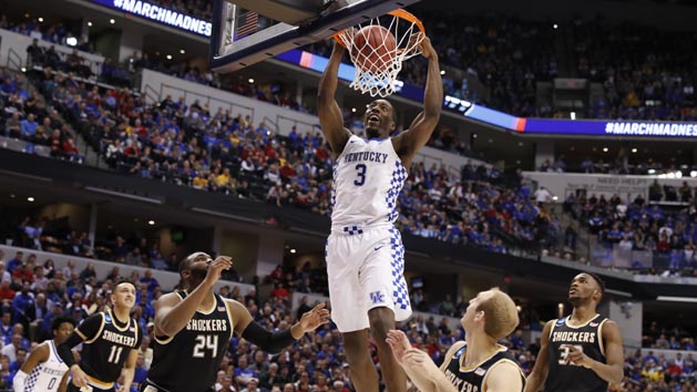 Mar 19, 2017; Indianapolis, IN, USA; Kentucky Wildcats forward Edrice Adebayo (3) dunks against the Wichita State Shockers during the second half in the second round of the 2017 NCAA Tournament at Bankers Life Fieldhouse. Photo Credit: Brian Spurlock-USA TODAY Sports