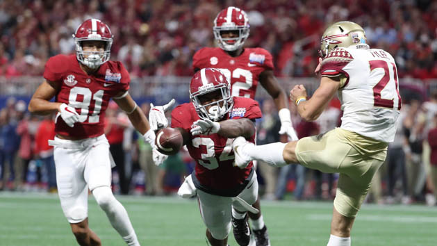 Sep 2, 2017; Atlanta, GA, USA; Alabama Crimson Tide running back Damien Harris (34) blocks the punt by Florida State Seminoles place kicker Logan Tyler (21) in the third quarter at Mercedes-Benz Stadium. Photo Credit: Jason Getz-USA TODAY Sports