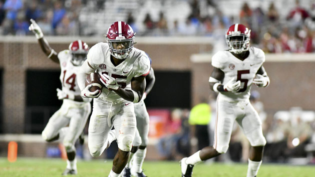 Sep 15, 2018; Oxford, MS, USA; Alabama Crimson Tide defensive back Xavier McKinney (15) returns an interception for a touchdown against the Mississippi Rebels during the third quarter at Vaught-Hemingway Stadium. Photo Credit: Matt Bush-USA TODAY Sports
