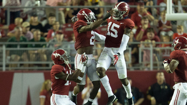 Sep 16, 2017; Tuscaloosa, AL, USA; Alabama Crimson Tide defensive back Tony Brown (2) and Alabama Crimson Tide defensive back Ronnie Harrison (15) celebrate after Harrison intercepts a pass in the third quarter against Colorado State Rams at Bryant-Denny Stadium. Photo Credit: Marvin Gentry-USA TODAY Sports