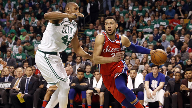 Apr 30, 2018; Boston, MA, USA; Philadelphia 76ers guard Ben Simmons (25) drives to the basket on Boston Celtics forward Al Horford (42) during the second quarter of game one of the second round of the 2018 NBA Playoffs at TD Garden. Photo Credit: Winslow Townson-USA TODAY Sports
