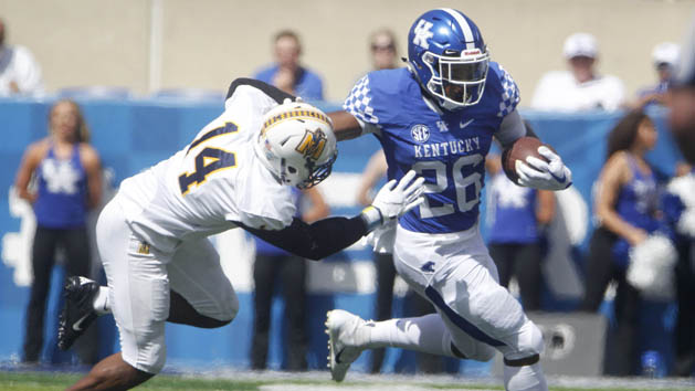 Sep 15, 2018; Lexington, KY, USA; Kentucky Wildcats running back Benny Snell Jr. (26) runs the ball against the Murray State Racers in the first half at Kroger Field. Photo Credit: Mark Zerof-USA TODAY Sports