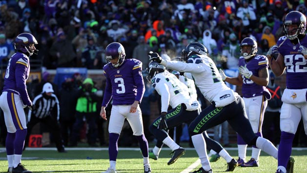 Jan 10, 2016; Minneapolis, MN, USA; Minnesota Vikings kicker Blair Walsh (3) reacts after missing a field goal attempt against the Seattle Seahawks in the fourth quarter of a NFC Wild Card playoff football game at TCF Bank Stadium. Mandatory Credit: Brace Hemmelgarn-USA TODAY Sports