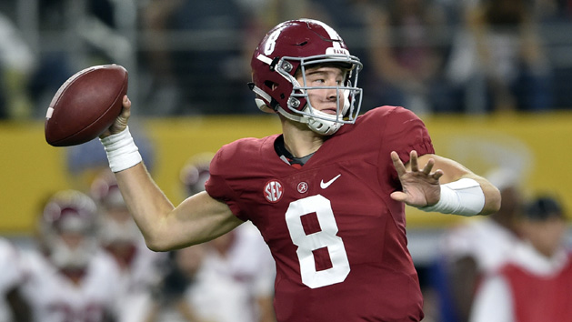 Sep 3, 2016; Arlington, TX, USA; Alabama Crimson Tide quarterback Blake Barnett (8) throws during the second half against the USC Trojans at AT&T Stadium. Photo Credit: Jerome Miron-USA TODAY Sports