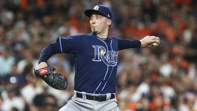 Jun 19, 2018; Houston, TX, USA; Tampa Bay Rays starting pitcher Blake Snell (4) delivers a pitch during the third inning against the Houston Astros at Minute Maid Park. Mandatory Credit: Troy Taormina-USA TODAY Sports