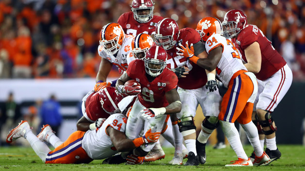 Jan 9, 2017; Tampa, FL, USA; Alabama Crimson Tide running back Bo Scarbrough (9) runs the ball against the Clemson Tigers during the second quarter in the 2017 College Football Playoff National Championship Game at Raymond James Stadium. Photo Credit: Mark J. Rebilas-USA TODAY Sports
