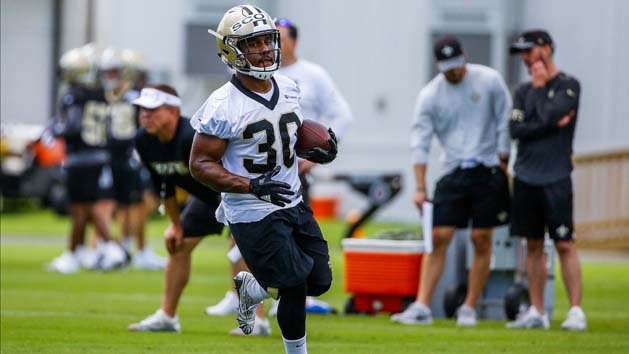 May 24, 2018; Metairie, LA, USA; New Orleans Saints running back Boston Scott (30) during organized team activities at the Ochsner Sports Performance Center. Photo Credit: Derick E. Hingle-USA TODAY Sports