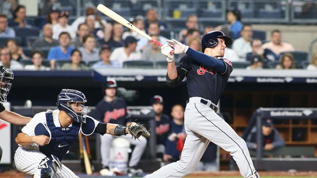 May 4, 2018; Bronx, NY, USA; Cleveland Indians center fielder Bradley Zimmer (4) hits a three run home run against the New York Yankees during the eighth inning at Yankee Stadium. Photo Credit: Andy Marlin-USA TODAY Sports