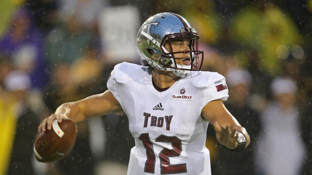 Sep 17, 2016; Hattiesburg, MS, USA; Troy Trojans quarterback Brandon Silvers (12) looks to throw in the first quarter against the Southern Miss Golden Eagles at M.M. Roberts Stadium. Photo Credit: Chuck Cook-USA TODAY Sports
