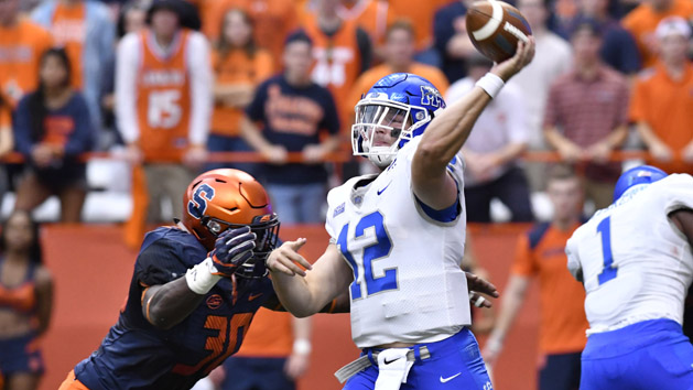 Sep 9, 2017; Syracuse, NY, USA; Middle Tennessee Blue Raiders quarterback Brent Stockstill (12) is hit by Syracuse Orange linebacker Parris Bennett (30) as he throws a pass during the first quarter at the Carrier Dome. Photo Credit: Mark Konezny-USA TODAY Sports