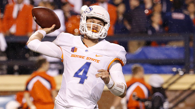 Sep 25, 2015; Charlottesville, VA, USA; Boise State Broncos quarterback Brett Rypien (4) throws the ball against the Virginia Cavaliers in the first quarter at Scott Stadium. Mandatory Credit: Amber Searls-USA TODAY Sports