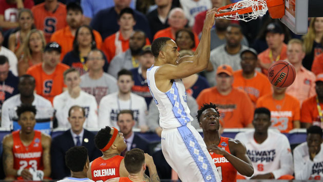 Apr 2, 2016; Houston, TX, USA; North Carolina Tar Heels forward Brice Johnson (11) dunks over Syracuse Orange forward Tyler Roberson (21) during the first half in the 2016 NCAA Men's Division I Championship semi-final game at NRG Stadium. Mandatory Credit: Troy Taormina-USA TODAY Sports