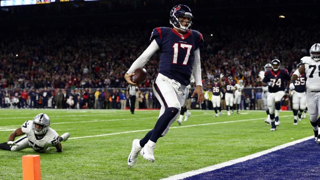 Jan 7, 2017; Houston, TX, USA; Houston Texans quarterback Brock Osweiler (17) runs the ball in for a touchdown while Oakland Raiders middle linebacker Cory James (57) attempts a tackle during the fourth quarter of the AFC Wild Card playoff football game at NRG Stadium. Photo Credit: Troy Taormina-USA TODAY Sports