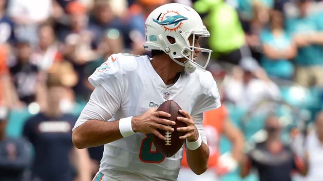 Oct 14, 2018; Miami Gardens, FL, USA; Miami Dolphins quarterback Brock Osweiler (8) throws a pass against the Chicago Bears during the first half at Hard Rock Stadium. Photo Credit: Steve Mitchell-USA TODAY Sports