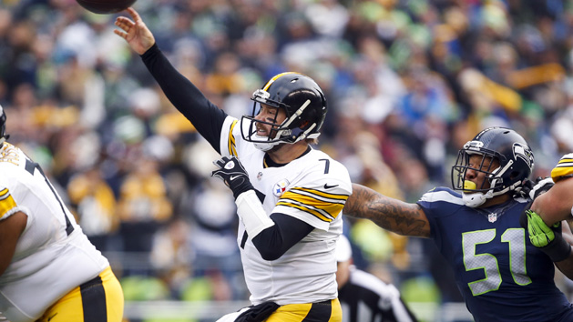 Pittsburgh Steelers quarterback Ben Roethlisberger (7) passes while under pressure from Seattle Seahawks outside linebacker Bruce Irvin (51) during the second quarter at CenturyLink Field last year. Photo Credit: Joe Nicholson-USA TODAY Sports