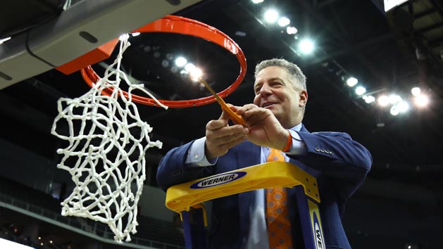 Mar 31, 2019; Kansas City, MO, United States; Auburn Tigers head coach Bruce Pearl cuts down the net after defeating the Kentucky Wildcats in the championship game of the midwest regional of the 2019 NCAA Tournament at Sprint Center. Photo Credit: Jay Biggerstaff-USA TODAY Sports