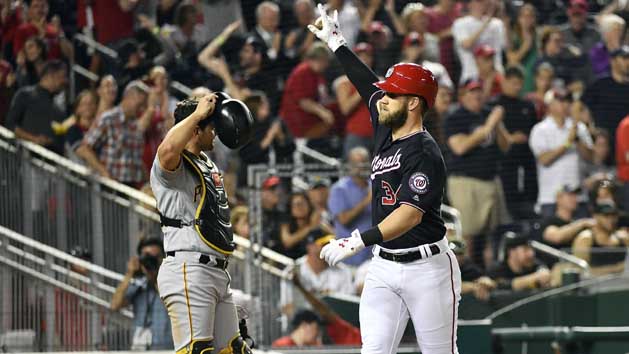 May 1, 2018; Washington, DC, USA; Washington Nationals right fielder Bryce Harper (34) gestures after hitting a three run homer against the Pittsburgh Pirates during the fifth inning at Nationals Park. Photo Credit: Brad Mills-USA TODAY Sports